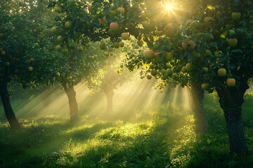 Morning light on an apple orchard with a focus on regenerative farming practices, Fall harvest