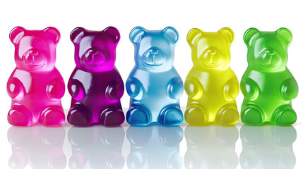 Colorful Collection of Gummy Bears Lined up on a White Background Generative AI