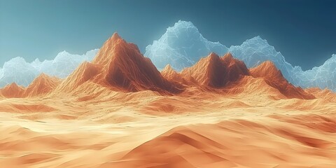 Naklejka premium A digital rendering of a mountain range in a desert landscape. The mountains are a warm orange color, while the sky is a cool blue, creating a striking contrast.