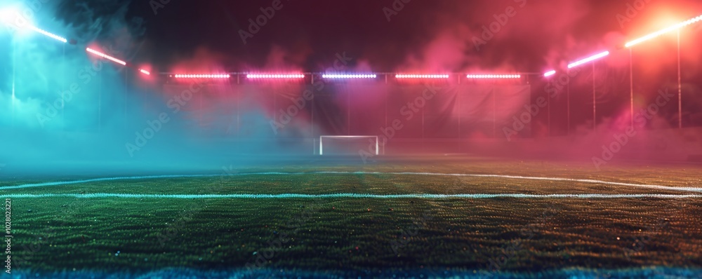 Poster neon fog creating an eerie effect on a textured soccer field.