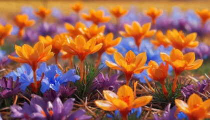 A detailed close-up of saffron flowers thriving in a field during autumn, highlighting their unique features and the warmth of the season, Generative AI