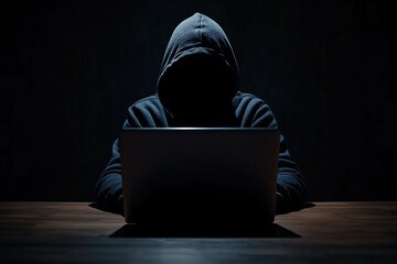 Hooded figure in front of a laptop, representing hacking or cyber espionage.
