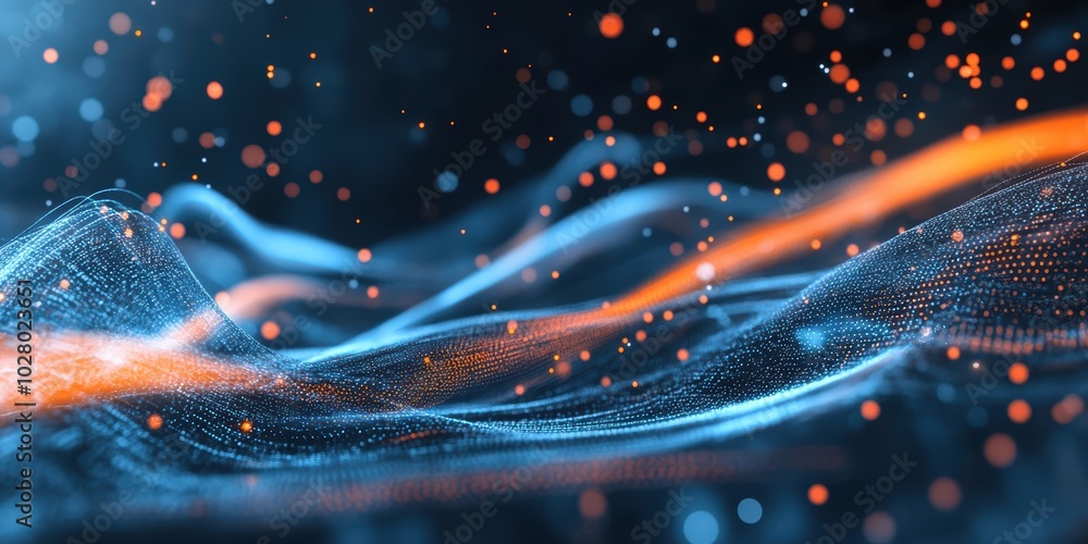 Poster abstract blue and orange digital network with glowing dots creating a modern visual experience