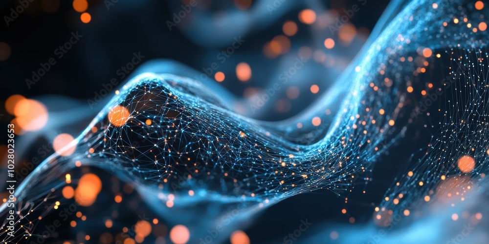 Aufkleber abstract blue and orange digital network with glowing dots representing data flow and connectivity