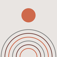 abstract art with curved lines and colorful circles in shades of gray, orange and brown for decoration, background, slides, posters. minimalist, geometric, neutral colors, beige background