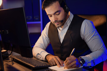 Smart businessman remotely meeting with sales team on group online, concentrating research business...