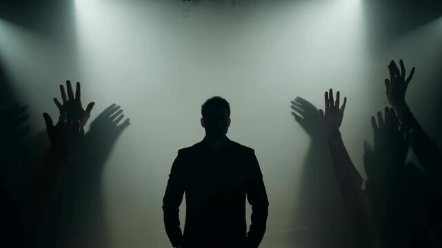 A man stands in front of a crowd of people, with his arms outstretched. Concept of unity and togetherness, as if the man is leading the crowd in a shared experience