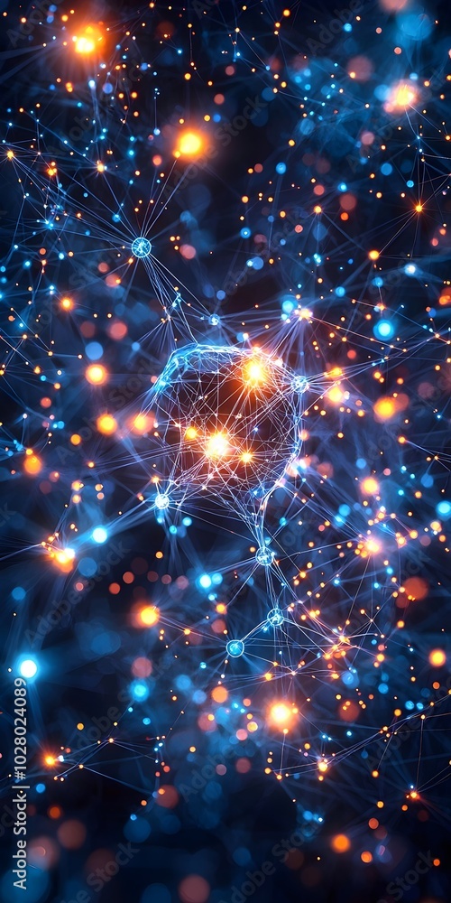 Poster abstract digital network with glowing nodes and lines. blue and orange bokeh effect.