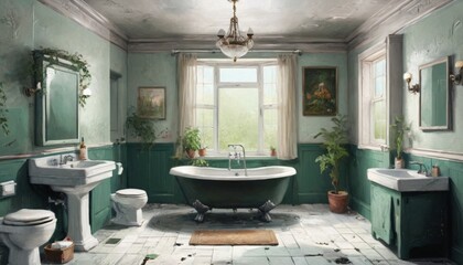 A detailed illustration of a neglected bathroom revival, highlighting the restoration efforts that breathe new life into a forgotten space, creating a serene atmosphere, Generative AI
