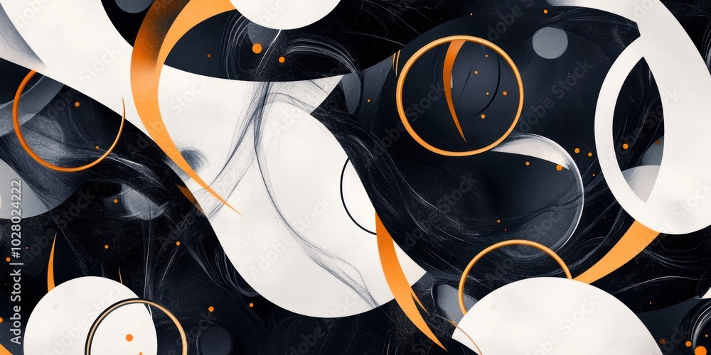 Poster dynamic abstract grunge pattern featuring circular elements and flowing lines in monochrome and oran