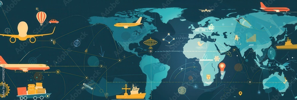 Poster this visual illustrates a global map displaying various transport routes and corresponding icons for