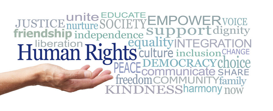 Human Rights Word Cloud on white background png - female open palm hand with the words Human Rights above surrounded by a relevant word cloud on transparent background
