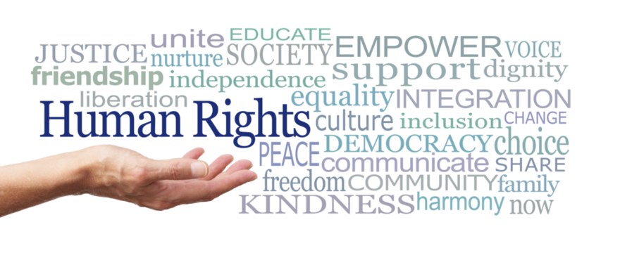 Human Rights Word Cloud on white background png - female open palm hand with the words Human Rights above surrounded by a relevant word cloud on transparent background
