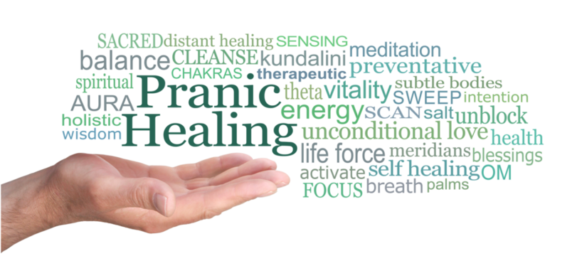 Pranic Healing Word Cloud on white background png - male open palm hand with the words Pranic Healing above surrounded by a relevant word cloud on a white background
