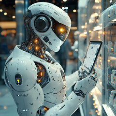 Fototapeta premium Futuristic Robot Worker Using Digital Tablet in Factory Setting