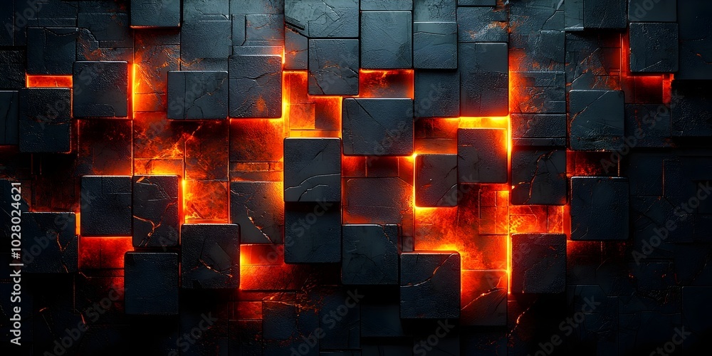 Poster a wall of dark, textured blocks with glowing orange light emanating from behind, creating a dramatic