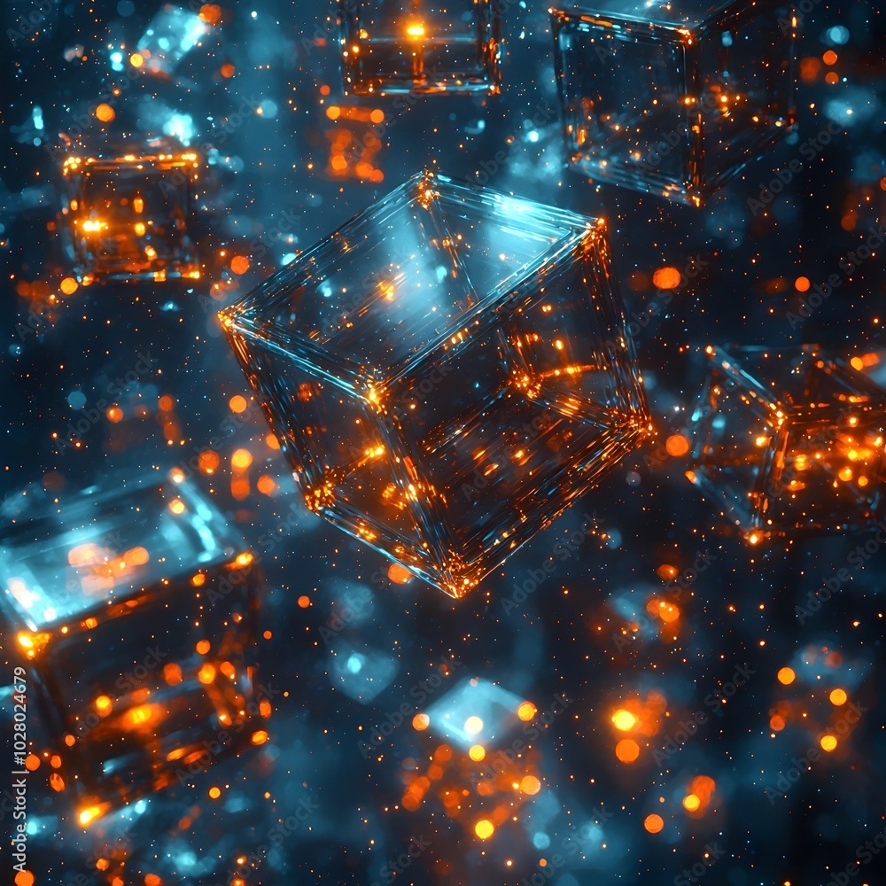 Poster abstract 3d rendering of glowing cubes in a dark background with a futuristic, cyberspace feel.
