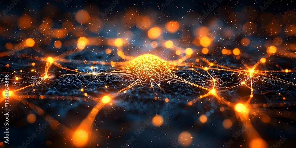 Poster abstract digital neural network with glowing nodes and lines, creating a futuristic and ethereal des