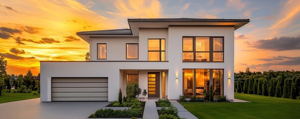 Expansive architectural shot of a modern two-story house with a flat roof, white walls, and large garage, featuring a small front garden at sunset