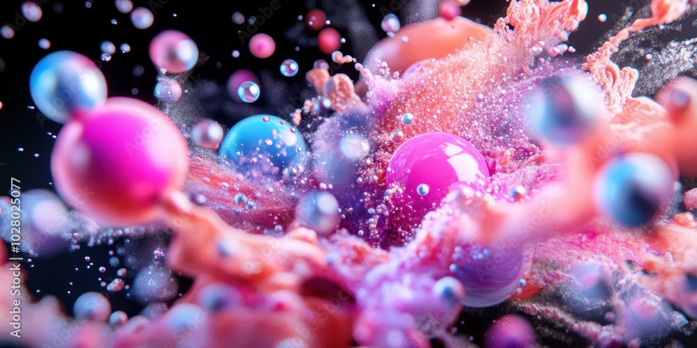 Poster colorful abstract explosion of bubbles and paint splashes capturing dynamic movement and vibrancy