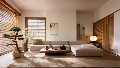 Fototapeta premium Minimalist, japandi interior design of modern living room.