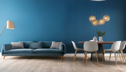 Modern interior design of apartment, empty living room with blank blue wall, dining room with table and chairs, interior background, 3d rendering
