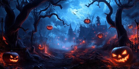 Spooky Halloween Night A Hauntingly Beautiful Scene with Jack-o'-Lanterns and Eerie Moonlight