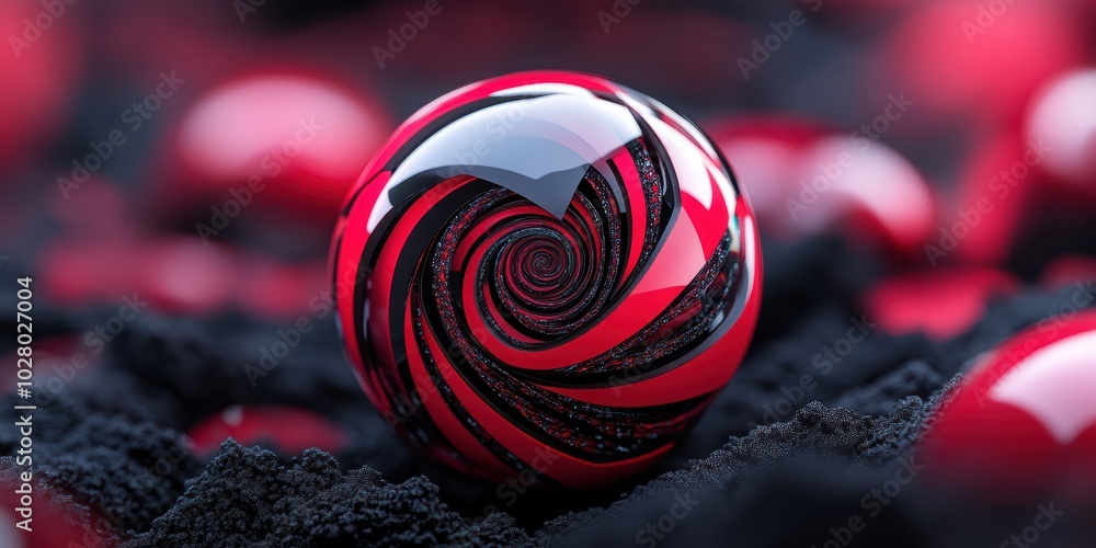 Poster captivating red sphere featuring intricate spiral pattern set against a textured background