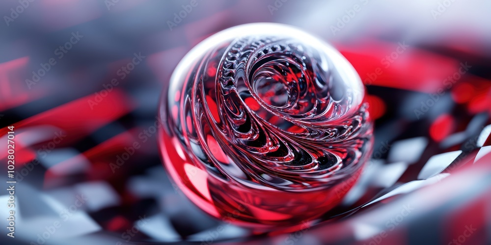 Poster intricate red sphere with spiral pattern showcasing depth and dimension