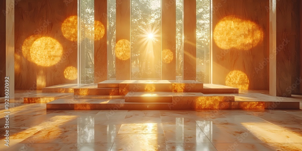 Poster sunbeams stream through the windows, casting warm, circular patterns on the polished floor of a mode