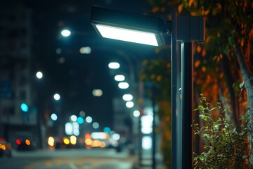 Modern urban street illuminated by innovative LED lighting technology at night