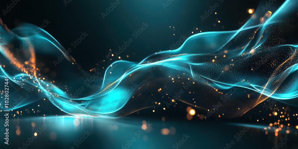 Poster dynamic teal waves with glowing particles creating a mesmerizing visual experience