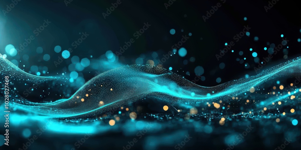 Poster dynamic teal waves with glowing particles creating a mesmerizing visual experience