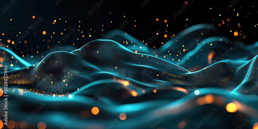Poster teal waves with glowing particles creating a dynamic and mesmerizing visual experience