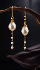 Close-up of luxurious gold and pearl earrings with intricate design, elegantly displayed on a dark background. Perfect for fashion, luxury, or jewelry-themed projects.

