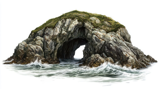 A rocky island with a small cave waves crashing against the shore