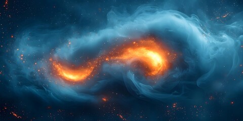 A swirling nebula with bright orange flames and blue wisps of smoke.