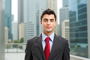 Confident businessman standing in city with skyscrapers