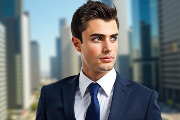 Fototapeta premium Young businessman looking away with modern city in background