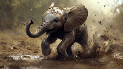 Fototapeta premium A baby elephant playing in the mud, flinging dirt with its trunk.