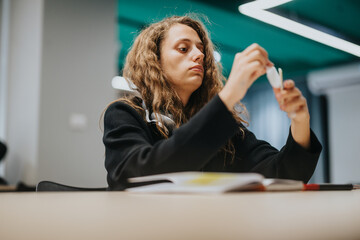Fototapeta premium A high school student focused on listening and taking notes during a classroom session. The scene captures concentration and learning in an educational environment.