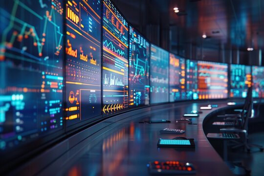 The control center monitors delivery logistics with large screens showing routes, statistics, and real-time data for efficient operations. Generative AI