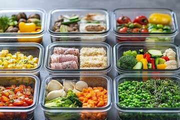 Nutrient-rich meal prep containers filled with colorful vegetables and lean meats organized on a countertop for healthy eating