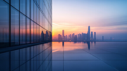 Obraz premium Modern skyline at dusk with reflections on glassy surface