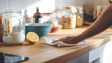 A person is wiping a counter with a towel. There is a bowl of lemons and a jar of sugar on the counter
