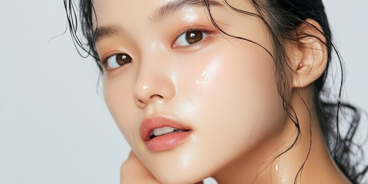 Korean skincare routine featuring foam, toner, essence, and cream showcased on a young woman in natural light