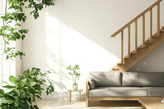 High-resolution image of a bright living room with a wooden staircase, white walls, and a minimalist grey sofa, accented with green plants
