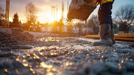 Dynamic Construction Worker Pouring Concrete at Sunset