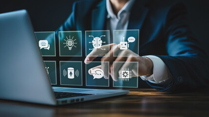 Business professional setting up a chatbot system; digital interface with interactive icons for automated customer service solutions.