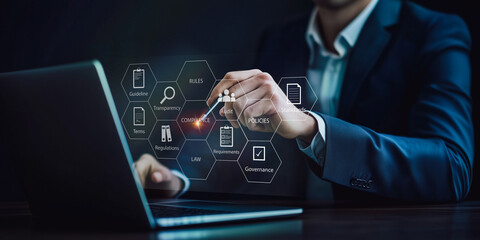 Fototapeta premium Corporate leader utilizing a digital platform for business analytics; sophisticated interface with diverse management tools and data visualization options.